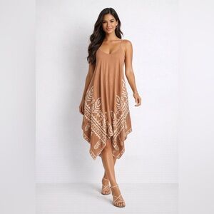 Bohemian Tan Sleeveless Maxi Dress One Size Tribal Print Flowy Summer Vacation